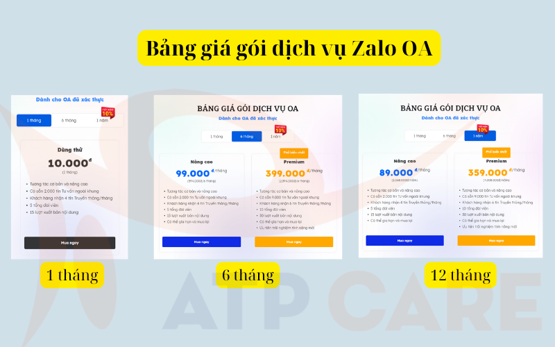 Bảng giá gói dịch vụ Zalo Oa